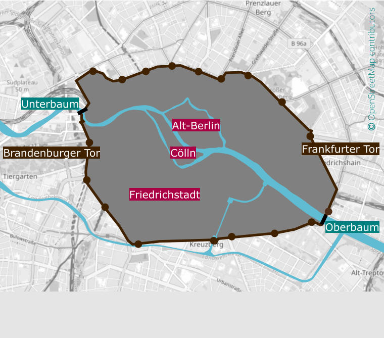  OpenStreetMap contributors  Unterbaum Brandenburger Tor Frankfurter Tor Oberbaum Cölln Alt-Berlin Friedrichstadt