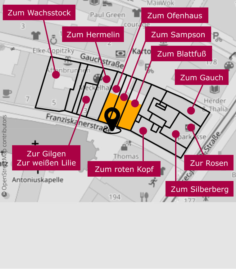 Zum Hermelin Zum Blattfuß Zum Sampson Zum Ofenhaus Zur Rosen Zum Silberberg Zum roten Kopf Zur Gilgen Zur weißen Lilie Zum Wachsstock  OpenStreetMap contributors  Zum Gauch