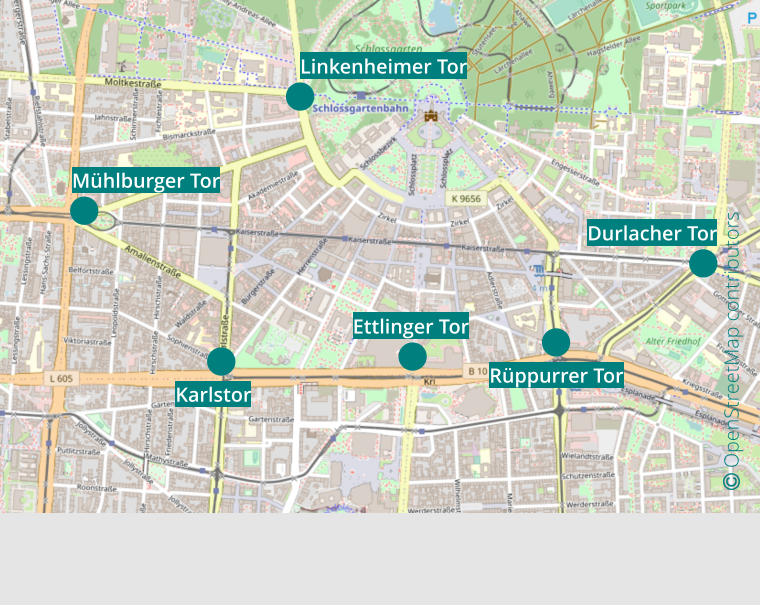  OpenStreetMap contributors  Linkenheimer Tor Mühlburger Tor Karlstor Durlacher Tor Rüppurrer Tor Ettlinger Tor