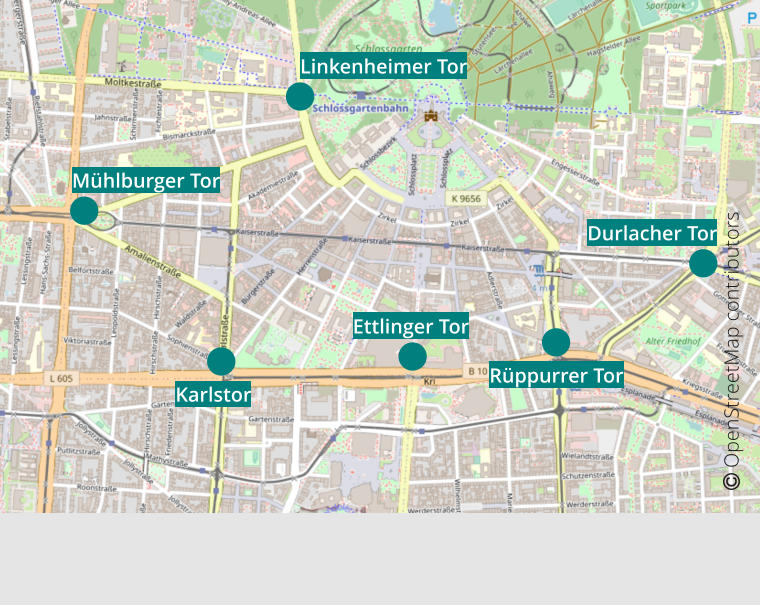  OpenStreetMap contributors  Linkenheimer Tor Mühlburger Tor Karlstor Durlacher Tor Rüppurrer Tor Ettlinger Tor