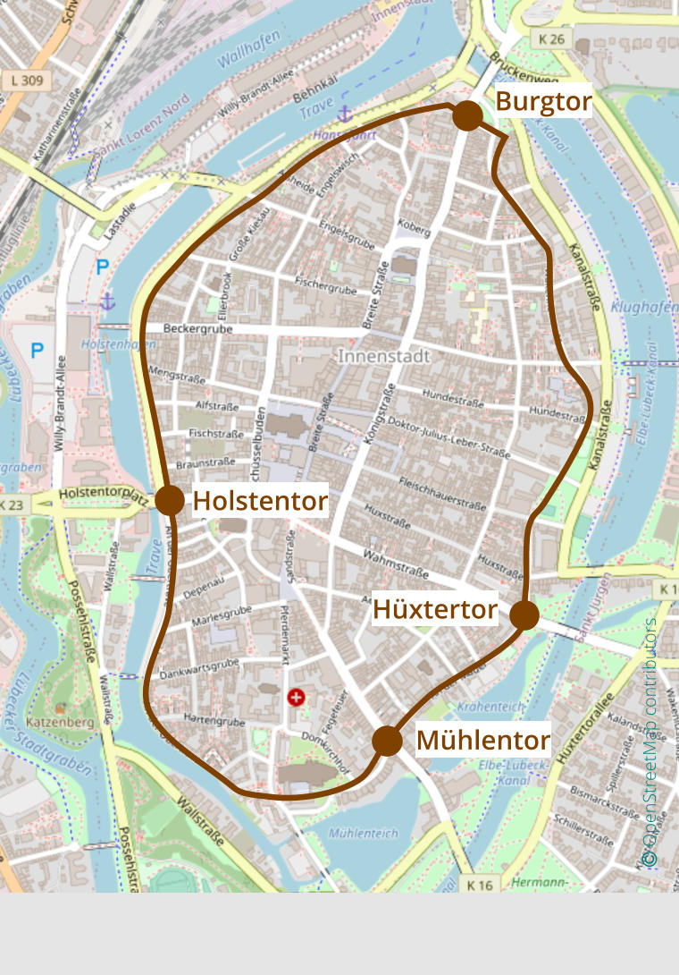 Burgtor         Holstentor         Mühlentor Hüxtertor          OpenStreetMap contributors