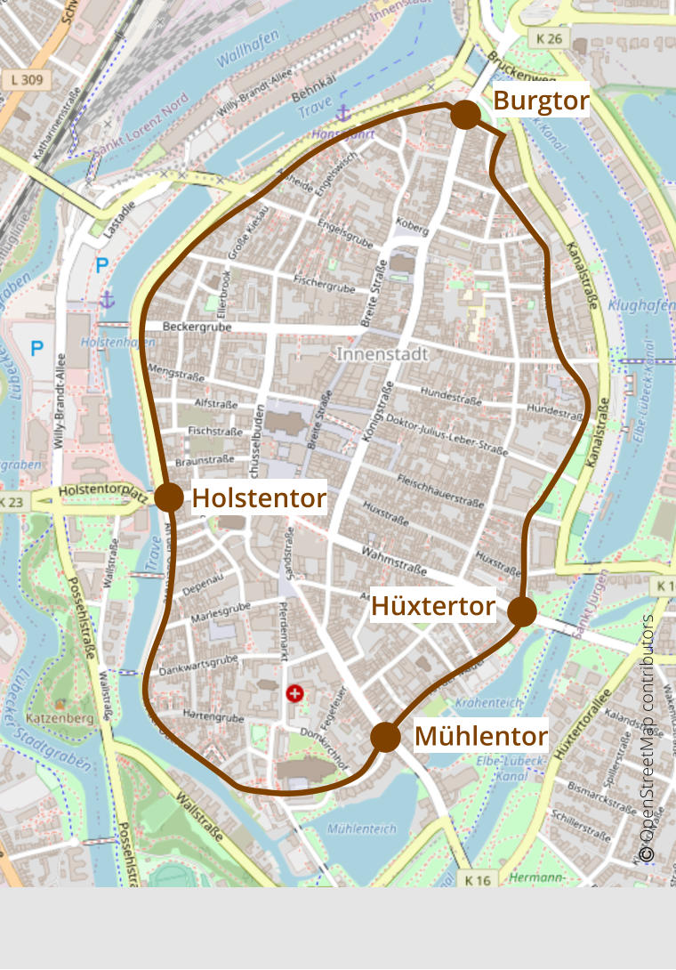 Burgtor         Holstentor         Mühlentor Hüxtertor          OpenStreetMap contributors