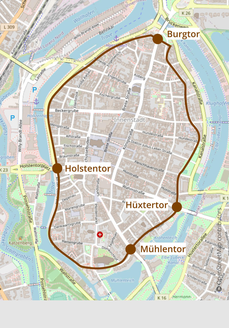 Burgtor         Holstentor         Mühlentor Hüxtertor          OpenStreetMap contributors