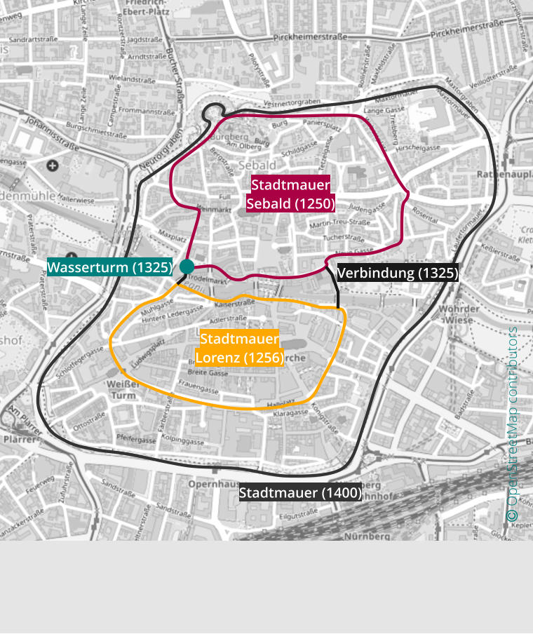 Wasserturm (1325) Stadtmauer  Sebald (1250) Stadtmauer  Lorenz (1256) Stadtmauer (1400) Verbindung (1325)  OpenStreetMap contributors