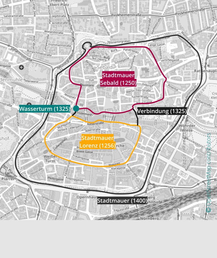 Wasserturm (1325) Stadtmauer  Sebald (1250) Stadtmauer  Lorenz (1256) Stadtmauer (1400) Verbindung (1325)  OpenStreetMap contributors