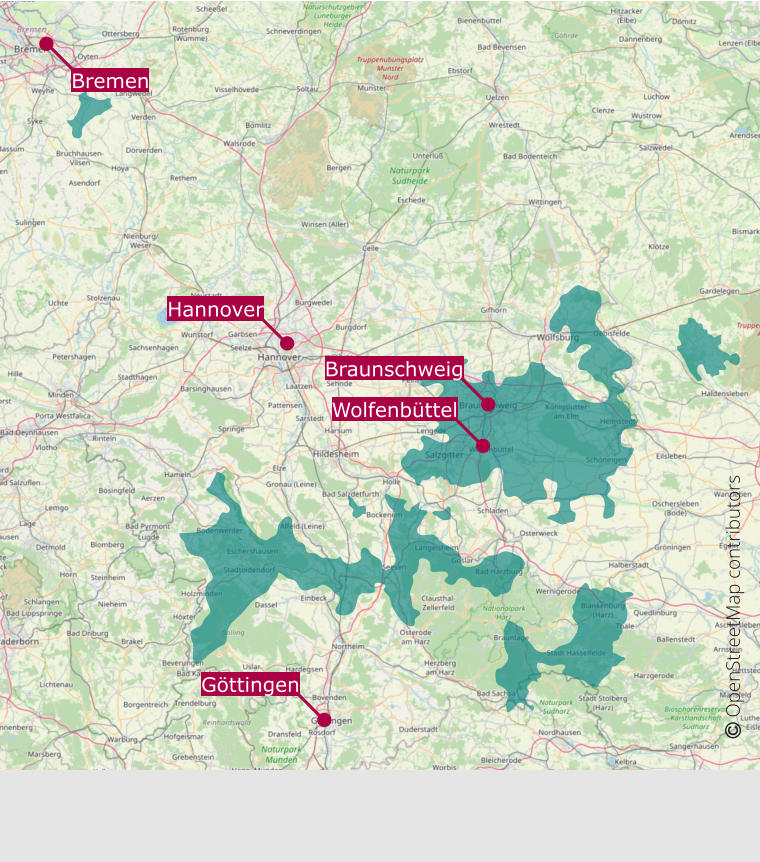  OpenStreetMap contributors  Wolfenbüttel Bremen Hannover Braunschweig Göttingen