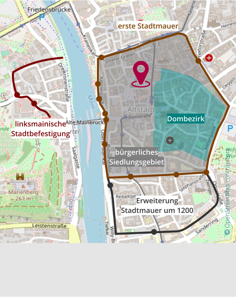  OpenStreetMap contributors  Dombezirk bürgerliches Siedlungsgebiet erste Stadtmauer Erweiterung Stadtmauer um 1200 linksmainische Stadtbefestigung