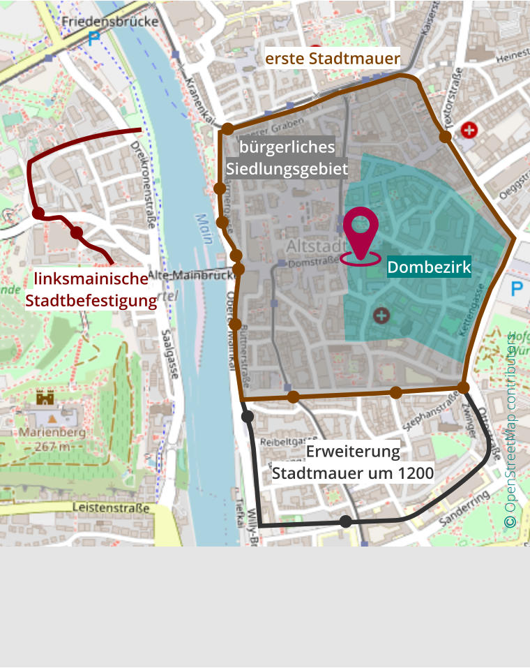  OpenStreetMap contributors  Dombezirk bürgerliches Siedlungsgebiet erste Stadtmauer Erweiterung Stadtmauer um 1200 linksmainische Stadtbefestigung